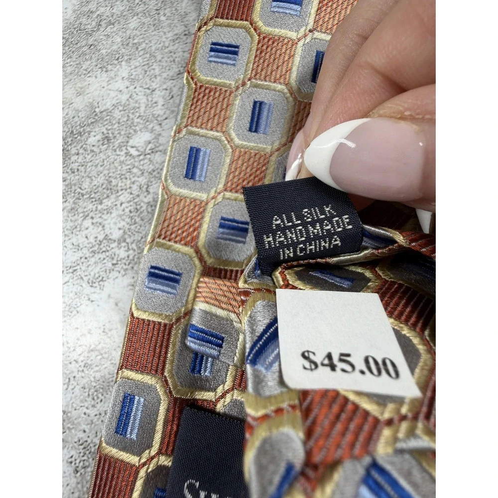 Shore & Singer 100% Silk Tie Mens One Size Bronze Geometric Pointed Necktie